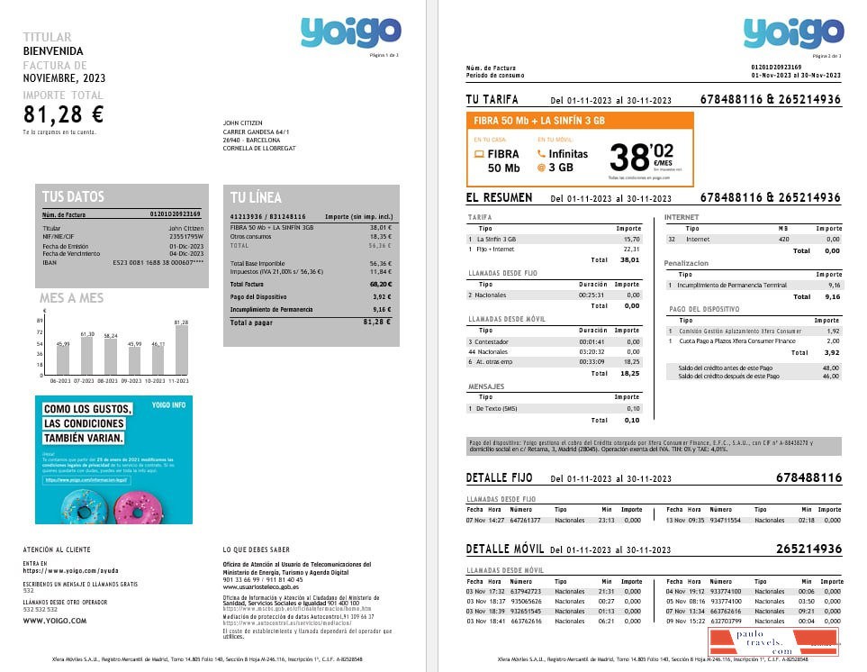 Spain Yoigo internet utility  bill in Word and PDF formats, 3 pages